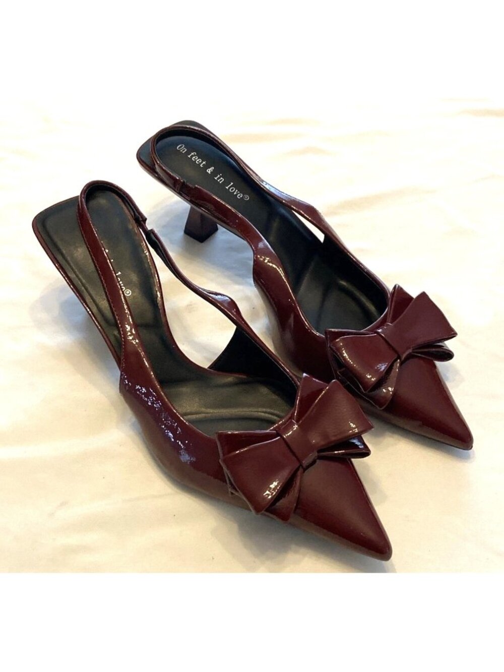 On Feet & In Love Women’s Slingback Heels 40 US 8.5 Burgundy Pointed Toe Patent